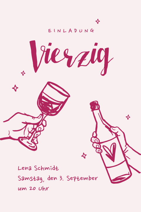 Einladung zum 40. Geburtstag in Rosa mit Illustrationen