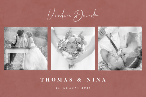 Elegante Danksagungskarte Hochzeit mit Fotos und Rostbraun