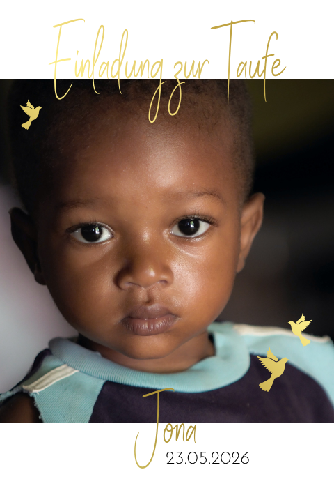 Einladung zur Taufe mit Foto und Goldfolie im Hochformat