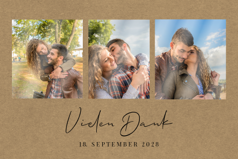 Moderne Kraft-Look Danksagungskarte zur Rosenhochzeit mit drei Fotos