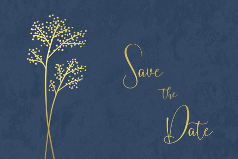 Save the date Karte mit Goldfolienzweigen auf dunkelblauem Hintergrund