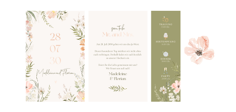 Romantische Pocketfold Hochzeitseinladung mit Blumen und Roségoldfolie