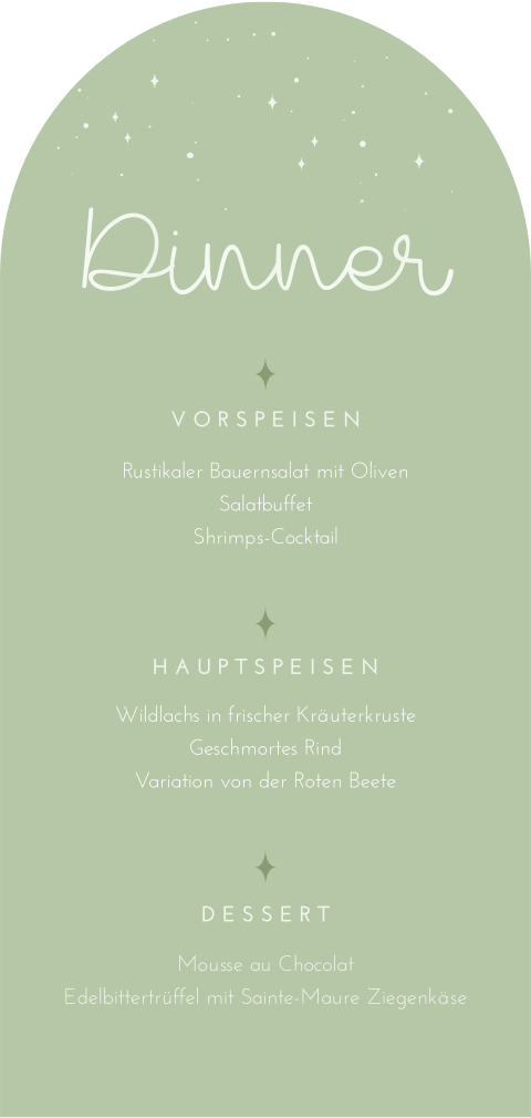 Menükarte in Grün mit Sternen und weißer Schrift
