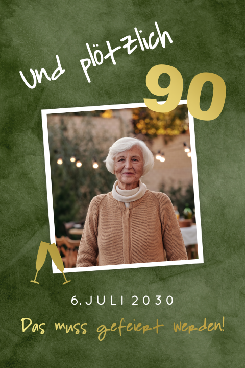 Einladung zum 90. Geburtstag mit Foto, grünem Samt-Look und Goldfolie