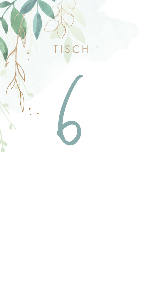 Karte mit Tischnummer mit Aquarellblättern und Herzen