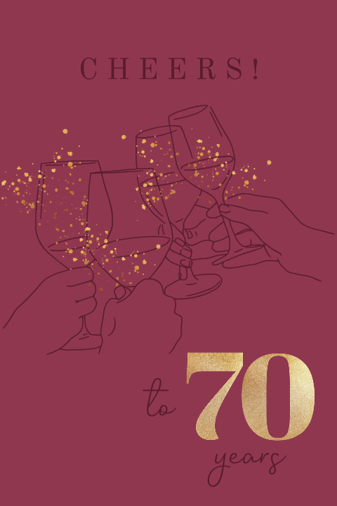 Einladung zum 70. Geburtstag in Bordeaux mit Weinillustrationen und Goldsprenkeln