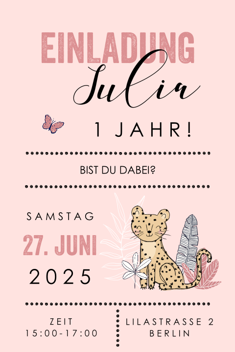 Goldige Einladung zum Kindergeburtstag mit Leopardenzeichnung
