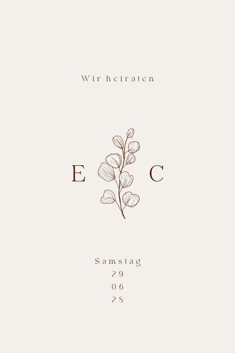 Elegante Klappkarte für Hochzeit  mit skizzierten Eukalyptus Blättern