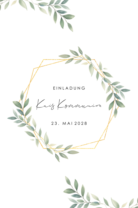 Einladung zur Kommunion mit Zweigen, Blättern und Geometrie