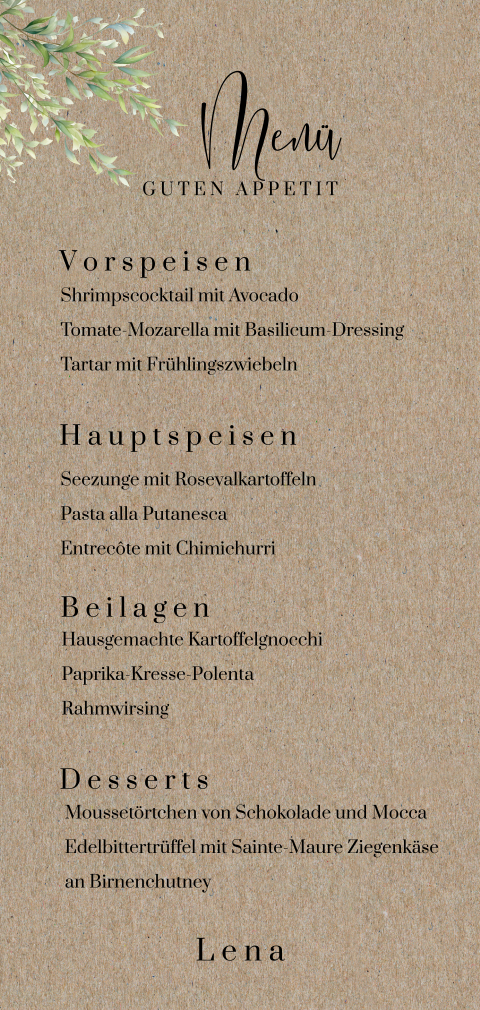 Menükarte in Kraft-Look mit Zweige