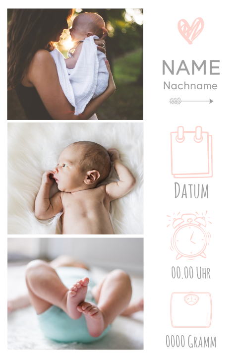 Babykarte mit Fotostreifen und süßen rosa Symbolen