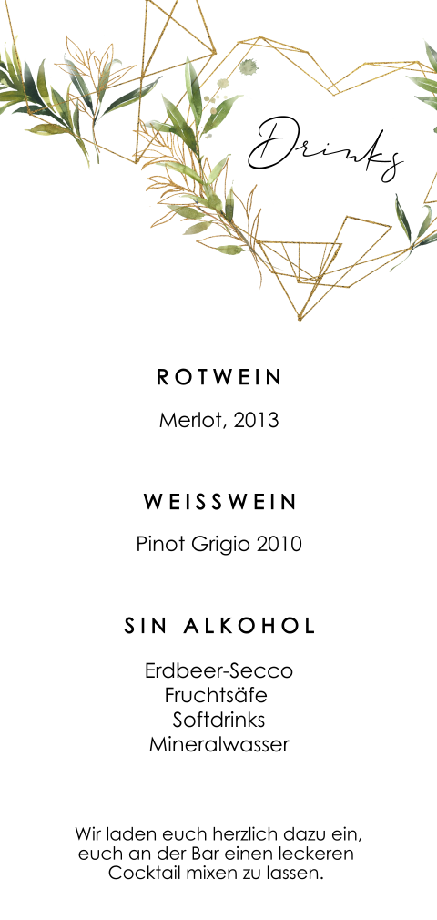 Originelle Getränkekarte mit Zweigen auf geometrischen Herzen