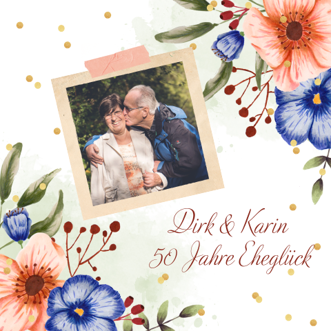 Stilvolle Einladung zum 50. Hochzeitstag mit Foto, Blumen und Konfetti