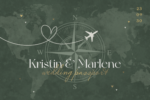 Reisepass-Hochzeitskarte grün mit Kompassrose und Mattgoldfolie