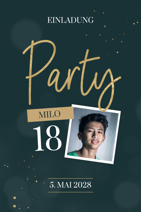Einladung 18. Geburtstag mit Polaroid und dunklem Hintergrund