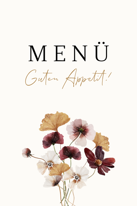 Stilvolle Hochzeitsmenükarte mit tollen Blumen