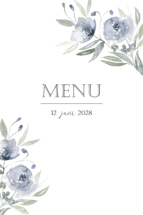 Romantische Menükarte mit Aquarellblumen in Blau