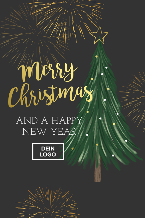 Geschäftliche Weihnachtskarte mit Christbaum und Feuerwerk