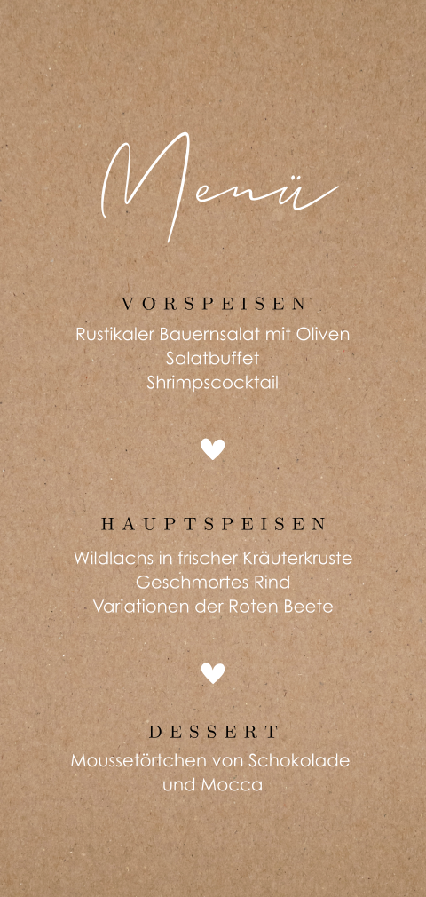 Menükarte im Kraftlook mit Herzchen und eleganter Schrift
