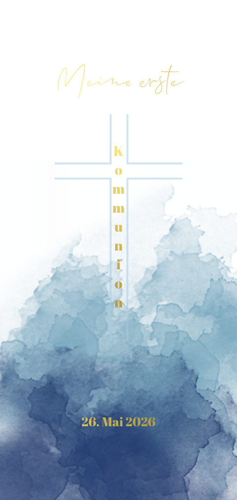 Schöne Kommunionskarte mit Aquarellkreuz und Goldfolie