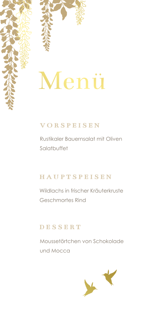 Menükarte mit Goldfolie Zweigen und Vögeln