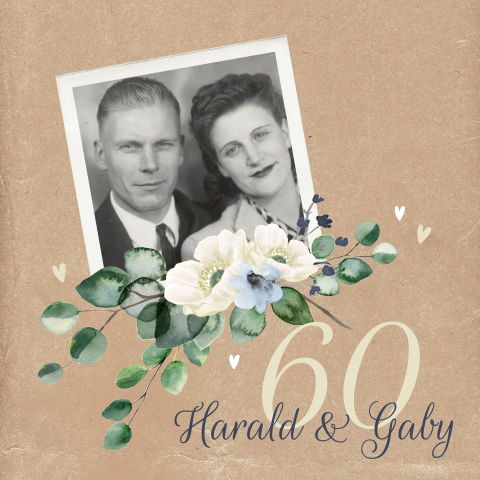 Einladung zur diamantenen Hochzeit im Kraftlook mit Blumen und Foto