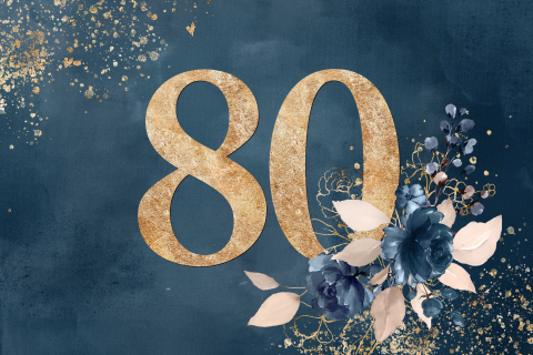 Stilvolle Geburtstagseinladung in Blau mit Blumen und Gold