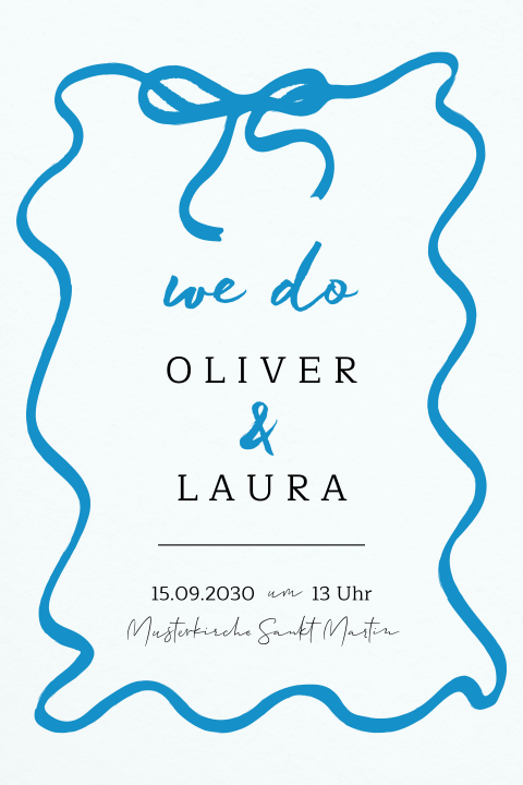 Einladungskarte zur Hochzeit mit welligem Rand und Schleife