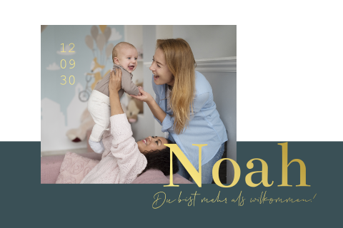 Rechteckige Geburtskarte mit Foto und goldenem Schriftzug