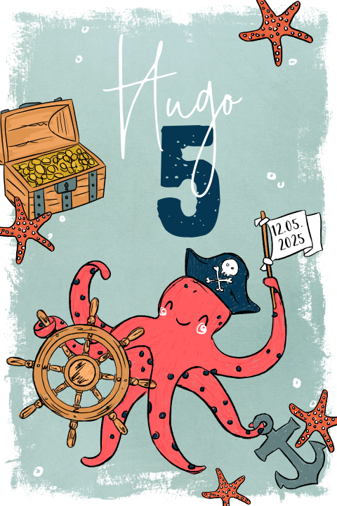 Coole Piraten-Geburtstagseinladung mit Schatz uns Seesternen