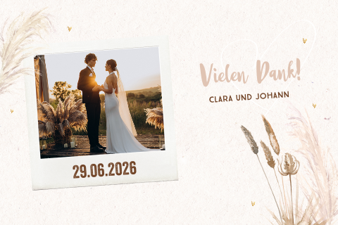 Romantische Dankeskarte Hochzeit mit Gras und Herzen