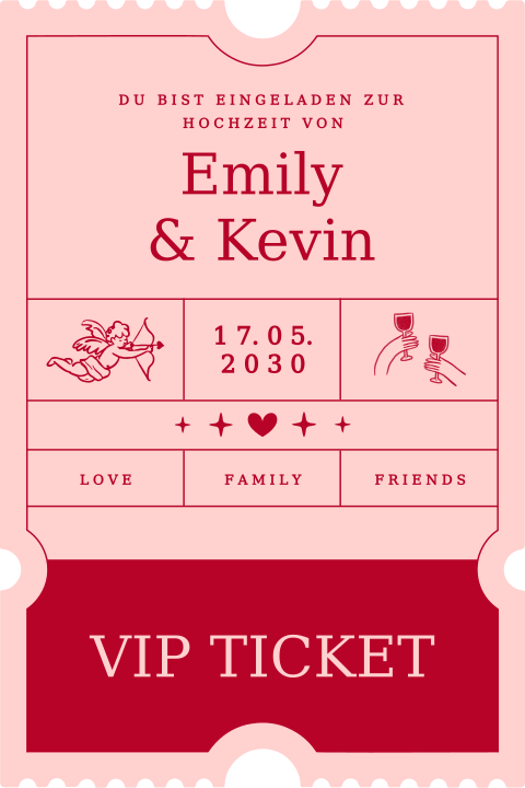 Hochzeitskarte als VIP-Ticket in Rosa und Rot mit Illustrationen