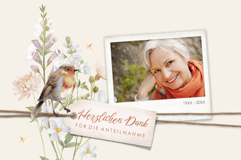 Danksagungskarte Trauer mit Vintage-Look, Rotkehlchen und Blumen