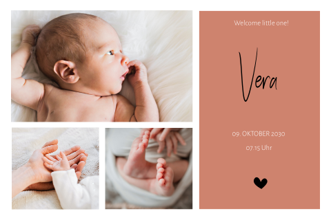Stilvolle Geburtskarte hellrote mit drei Fotos