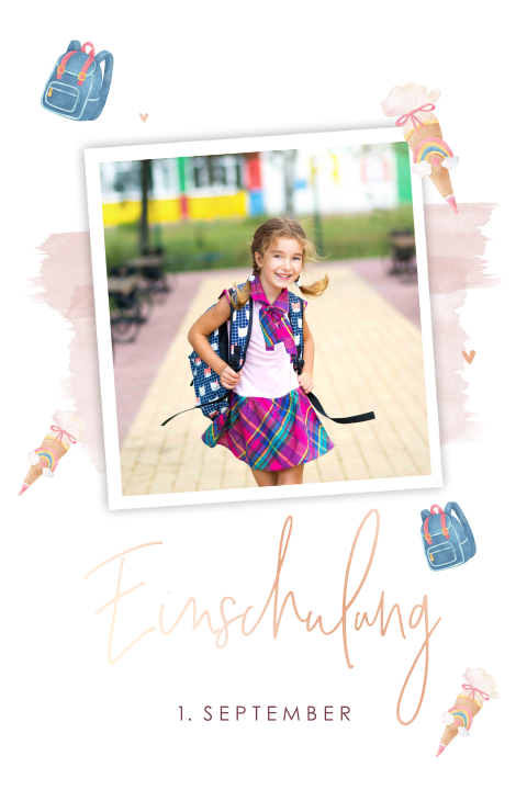 Einladung zur Einschulung mit Schulrucksack, Schultüte und Fotos