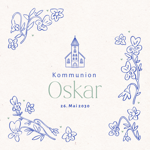 Einladung zur Kommunion mit blauen Blumen-Linienzeichnungen