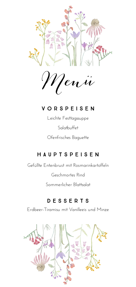 Menü-Karte "Flora" Getränken und Speisen