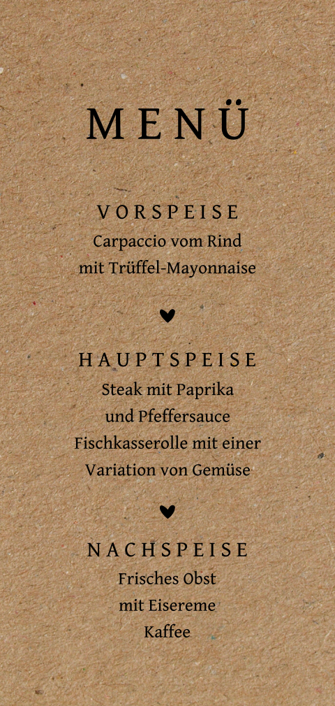 Kraftlook Menükarte mit schwarzem Text und Kraftlook