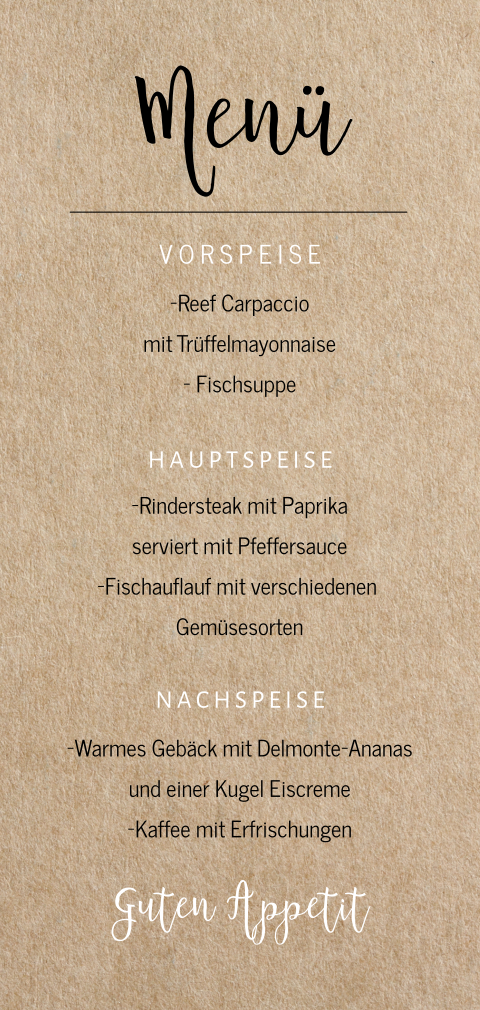 Menükarte im Kraftlook und schwarz-weißer Text