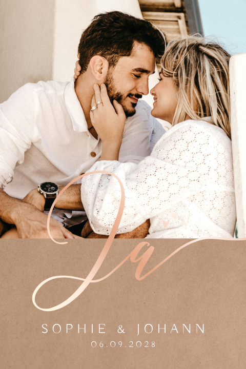 Hochzeitseinladung Ja mit Kraftlook, Foto und Roségoldfolie