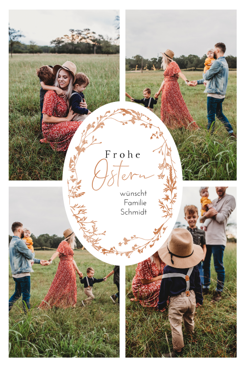 Osterkarte mit Osterei, Fotos und Hochglanzschrift im Hochformat