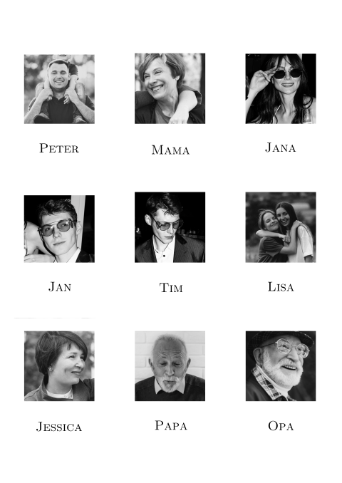 Namenskarten in Polaroid-Stil mit Fotos und optionaler Menükarte