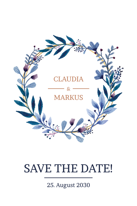 Save the date Karte mit Blumenkranz in blau