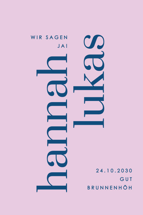 Minimalistische rosa Hochzeitskarte mit dunkelblauer Schrift