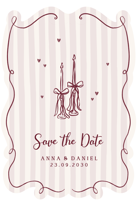 Trendige Save the Date Karte in Berry mit Streifen und Illustrationen