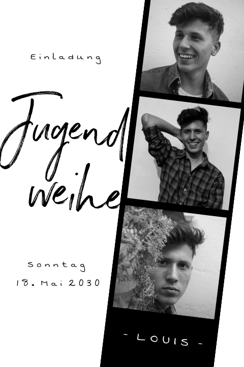 Coole Einladung zur Jugendweihe in Schwarz-Weiß mit Fotostreifen