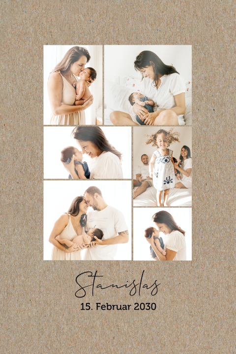 Schlichte Geburtskarte mit Namen und Fotocollage