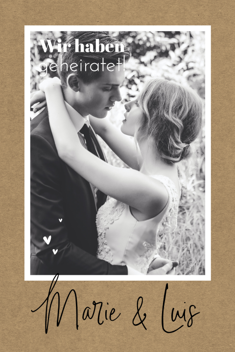Kraftpapier-Look Hochzeitskarte mit großem Foto und Namen in Schreibschrift 