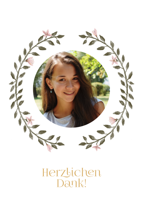 Dankeskarte zur Konfirmation mit Blumenkranz und Foto
