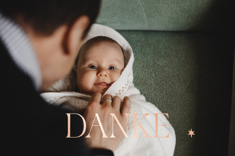 Dankeskarte Taufe mit runden Ecken, Foto und rosegoldfolie